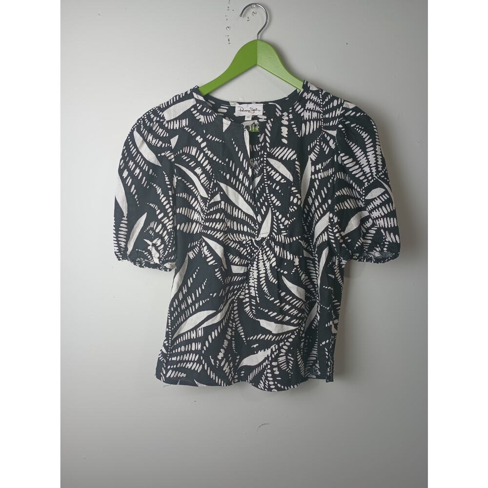 Panama Jack Top Women's XS White Black Linen Rayon Blouse Tropical Palm Vacation